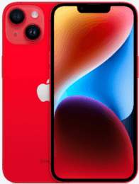 Rotes iPhone mit zwei Kameras, das von hinten und vorne gezeigt wird und einen bunten abstrakten Bildschirm zeigt.