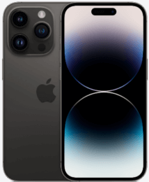 Ein schwarzes Smartphone mit drei rückwärtigen Kameras, eingeschaltetem Frontdisplay und einem Apple-Logo auf der Rückseite.