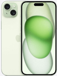 Hellgrünes Smartphone mit zwei rückwärtigen Kameras, auf der Vorder- und Rückseite abgebildet, mit abstrakten grünen Formen auf dem Bildschirm.