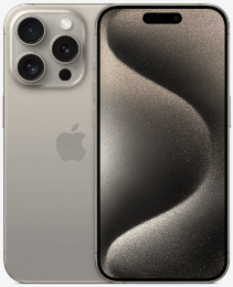 Das silberne iPhone 15 Pro zeigt die Rückseite mit drei Kameras und die Vorderseite mit einem wellenförmigen abstrakten Hintergrundbild.