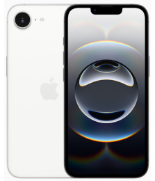 Ein weißes iPhone mit der Rückseite und einem Display auf der Vorderseite mit einem dunklen abstrakten Hintergrundbild.