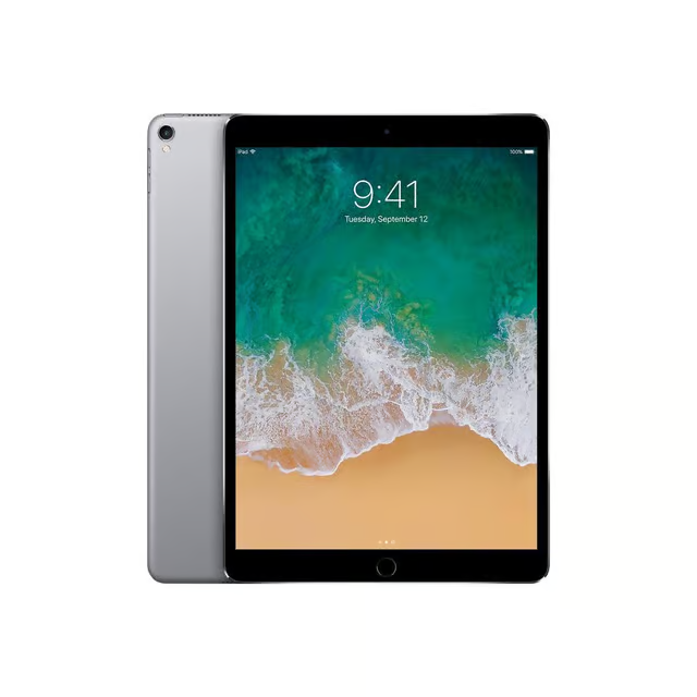 Ein schwarz-silbernes Tablet mit einem Strand-Hintergrundbild, auf dem die Uhrzeit 9:41 Uhr angezeigt wird.