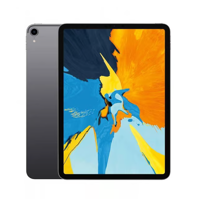 Vorder- und Rückansicht eines Tablets, das ein abstraktes blaues, gelbes und schwarzes Hintergrundbild auf seinem Bildschirm anzeigt.
