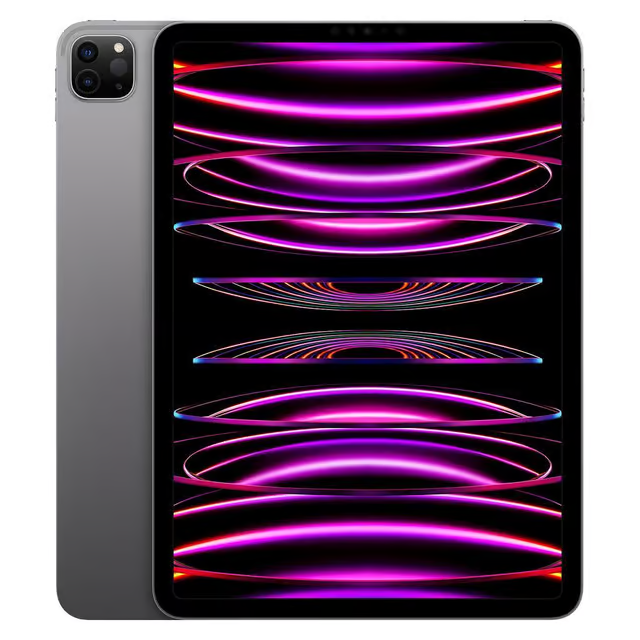 Ein silbernes Tablet mit schwarzem Rahmen zeigt auf seinem Bildschirm ein leuchtendes, abstraktes Lichtmuster in Pink und Lila.