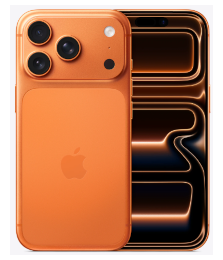 Orangefarbenes iPhone mit drei rückwärtigen Kameras, dargestellt von hinten und vorne mit einem wellenförmigen, abstrakten Bildschirmmuster.
