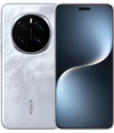 Ein weißes Honor-Smartphone mit Kameras auf der Rückseite und einem Frontbildschirm mit einem minimalistischen abstrakten Hintergrundbild.