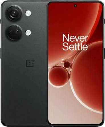 Schwarzes Smartphone mit zwei rückwärtigen Kameras, Text "Never Settle" auf dem Bildschirm mit rotem Hintergrund.
