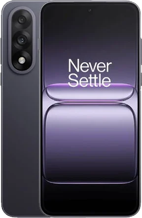 Ein schwarzes Smartphone mit zwei rückwärtigen Kameras und der Anzeige "Never Settle" auf dem Display.