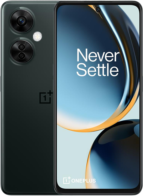 Ein schwarzes OnePlus-Smartphone mit dem Schriftzug Never Settle auf dem Bildschirm, mit Vorder- und Rückansicht.