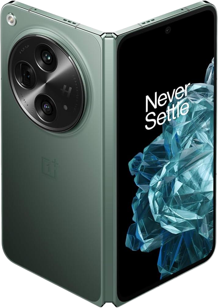 Grünes, faltbares, teilweise geöffnetes Smartphone mit dreifacher Kamera auf der Rückseite und Never Settle auf dem Bildschirm.