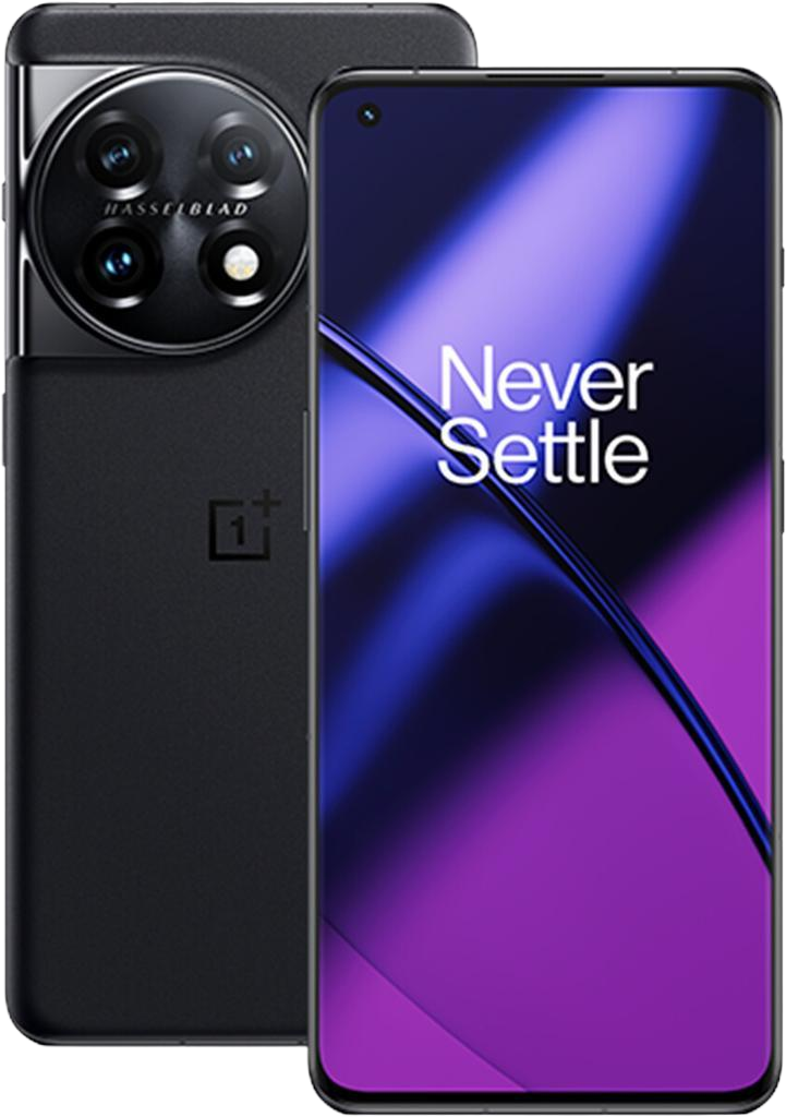 OnePlus-Smartphone mit einem großen rückseitigen Kameramodul und dem Text Never Settle auf dem lilafarbenen Bildschirm.