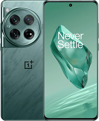 Grünes OnePlus-Smartphone, Vorder- und Rückansicht, mit "Never Settle"-Schriftzug auf dem Bildschirm und großen Rückkameras.