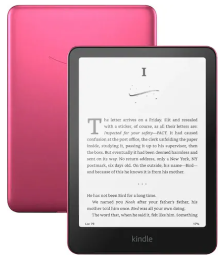 Ein rosa Kindle mit einem geöffneten E-Book auf dem Bildschirm.