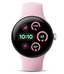 Smartwatch mit rosa Armband, das Fitnessstatistiken anzeigt und eine Digitaluhr mit der Uhrzeit 10:10 anzeigt.