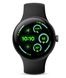 Eine schwarze Smartwatch, die Fitnessdaten und die Uhrzeit 10:10 auf einer leuchtend grün-schwarzen kreisförmigen Oberfläche anzeigt.