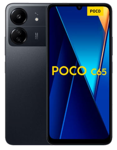 POCO C65 Smartphone mit Frontdisplay und rückwärtiger Dual-Kamera in schwarzer Farbe.
