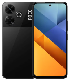 Ein schwarzes POCO-Smartphone, das den vorderen Bildschirm und die beiden rückseitigen Kameras zeigt.