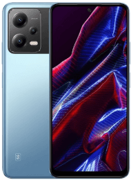 Ein blaues Smartphone mit drei rückwärtigen Kameras und einem leuchtenden, farbenfrohen Display.