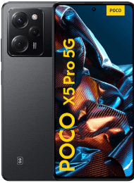 POCO X5 Pro 5G-Smartphone in Schwarz, mit zwei rückwärtigen Kameras und abstraktem Hintergrundbild auf dem Bildschirm.