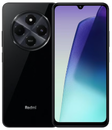 Schwarzes Redmi-Smartphone mit den rückwärtigen Kameras und dem vorderen Display, nebeneinander angeordnet.