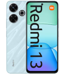 Vorder- und Rückansicht eines Redmi 13 Smartphones mit großem Display und drei rückseitigen Kameras.