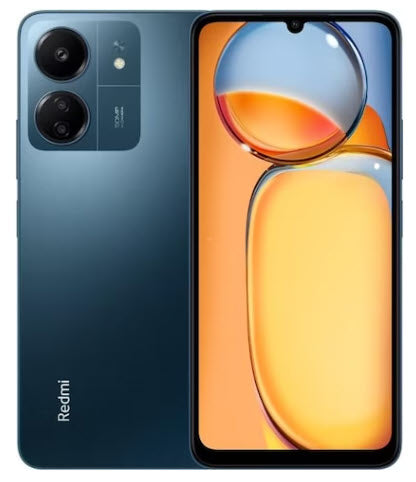 Ein blaues Redmi-Smartphone mit Frontdisplay und zwei rückwärtigen Kameras.