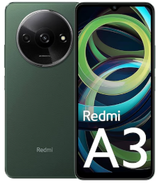 Ein grünes Redmi A3 Smartphone, das von hinten und vorne gezeigt wird und dessen Bildschirm und Kameramodul zeigt.