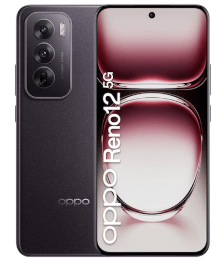 OPPO Reno12 5G-Smartphone in Schwarz, mit Frontdisplay und dreifacher Rückkamera.