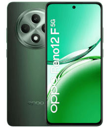 Oppo Reno 12 F 5G Smartphone in grün, mit Frontdisplay und rückseitigem Kameramodul.