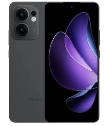 Schwarzes Smartphone mit zwei Kameras auf der Rückseite, großem Display und violetter blütenblattförmiger Grafik auf dem Bildschirm.