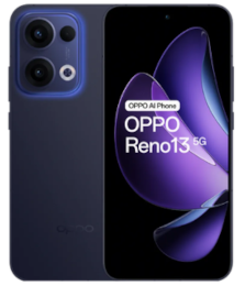 OPPO Reno13 5G-Smartphone mit Dreifachkamera und blau-violettem Farbverlaufsdesign auf dem Bildschirm.