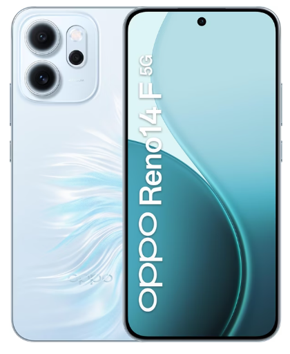Oppo Reno14 F 5G Smartphone in Weiß, zeigt rückseitige Kameras und Frontdisplay mit Branding.