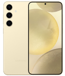 Beigefarbenes Samsung-Smartphone, Vorder- und Rückansicht, mit dreifacher Rückkamera und großem Display.