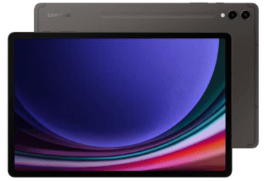 Ein Samsung-Tablet mit farbenfrohem Display, dargestellt von der Vorder- und Rückseite.