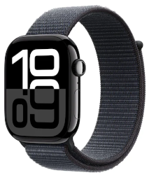 Schwarze Smartwatch mit großer Digitalanzeige und dunklem Stoffarmband, die die Zeit 10:09 anzeigt.