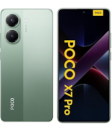 Vorder- und Rückansicht eines grünen POCO X7 Pro Smartphones mit zwei rückseitigen Kameras und Branding auf dem Bildschirm.