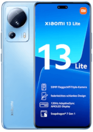 Hellblaues Xiaomi 13 Lite Smartphone mit Vorder- und Rückseite und den technischen Daten auf dem Bildschirm.