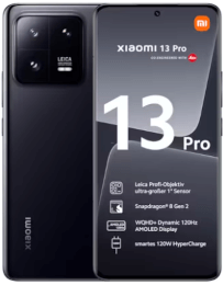 Vorder- und Rückansicht eines schwarzen Xiaomi 13 Pro Smartphones mit eingeblendeten Kameradetails.