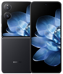 Ein schwarzes faltbares Xiaomi-Smartphone, das teilweise aufgeklappt ist und eine blaue Blume auf dem Bildschirm zeigt.