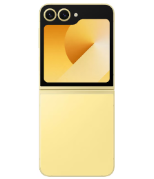 Ein gelbes faltbares Smartphone mit zwei rückwärtigen Kameras und einem großen Außendisplay.