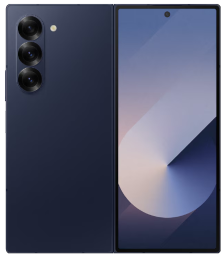 Ein modernes Smartphone mit drei rückwärtigen Kameras und einem großen, randlosen Display in dunkelblauer Farbe.