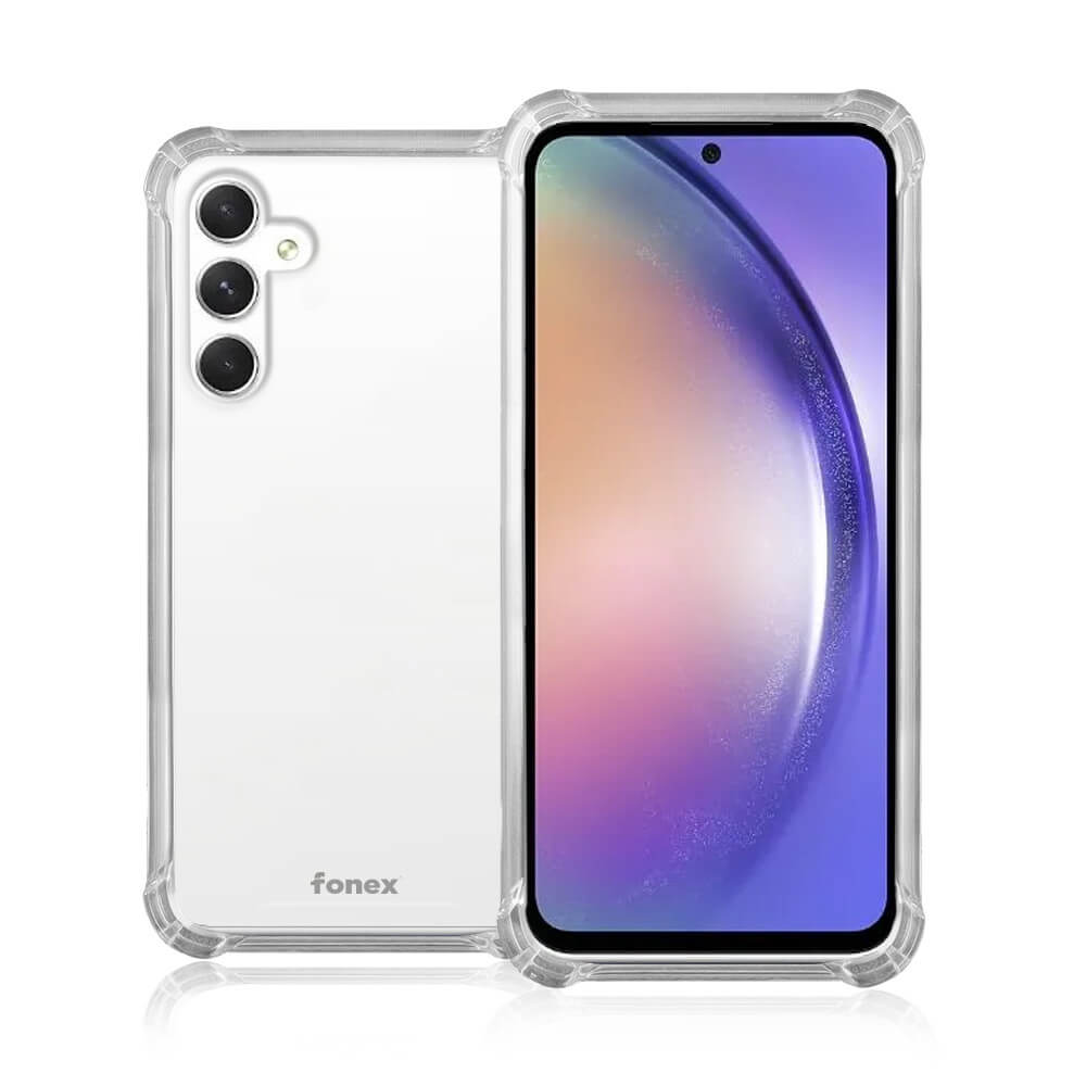 Die Fonex Mols Gummi Hülle ist eine klare, stoßfeste Hülle von Fonex, gezeigt auf einem Galaxy A55 mit dreifacher Rückkamera und einem lebendigen Farbverlaufsbildschirm.