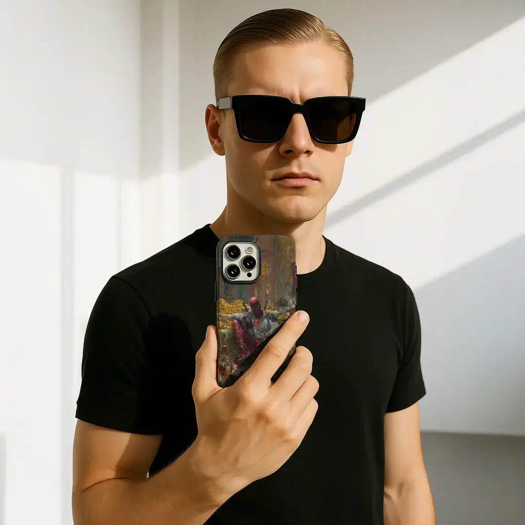 Mann in schwarzem T-Shirt und Sonnenbrille hält ein Galaxy S25 mit der Casarto Handyhülle Deadrich von Cover-Discount in einem hellen Raum.