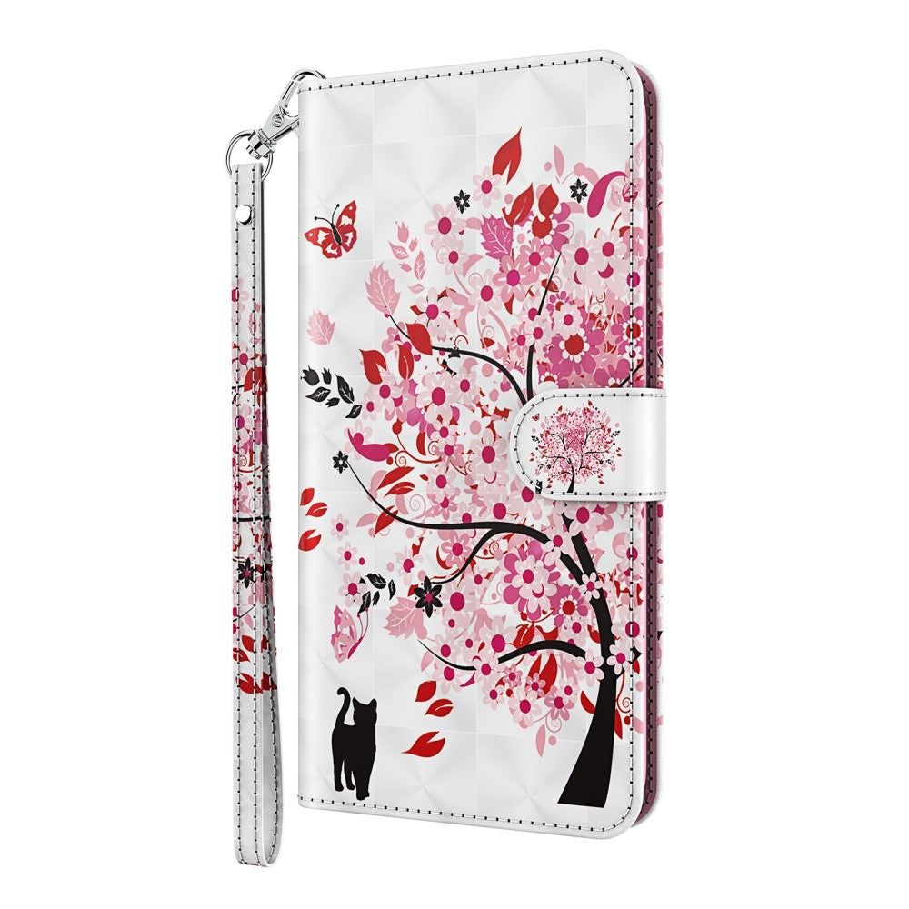 Das Cover-Discount iPhone 13 mini – Etui Glitzer Effekt zeigt einen rosa Blumenbaum, einen Schmetterling, Vögel, eine schwarze Katzensilhouette, Kartenfächer und eine Handschlaufe.