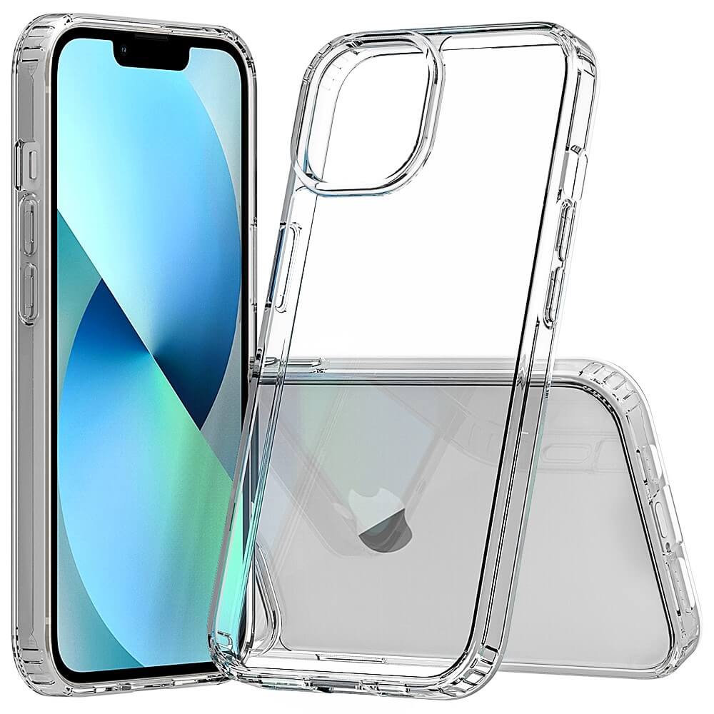 Das JT Berlin Pankow Clear Case für das iPhone 14 ist auf und neben dem Gerät abgebildet und hebt dessen schlankes Design vor einem blauen und grünen abstrakten Bildschirmhintergrund hervor.