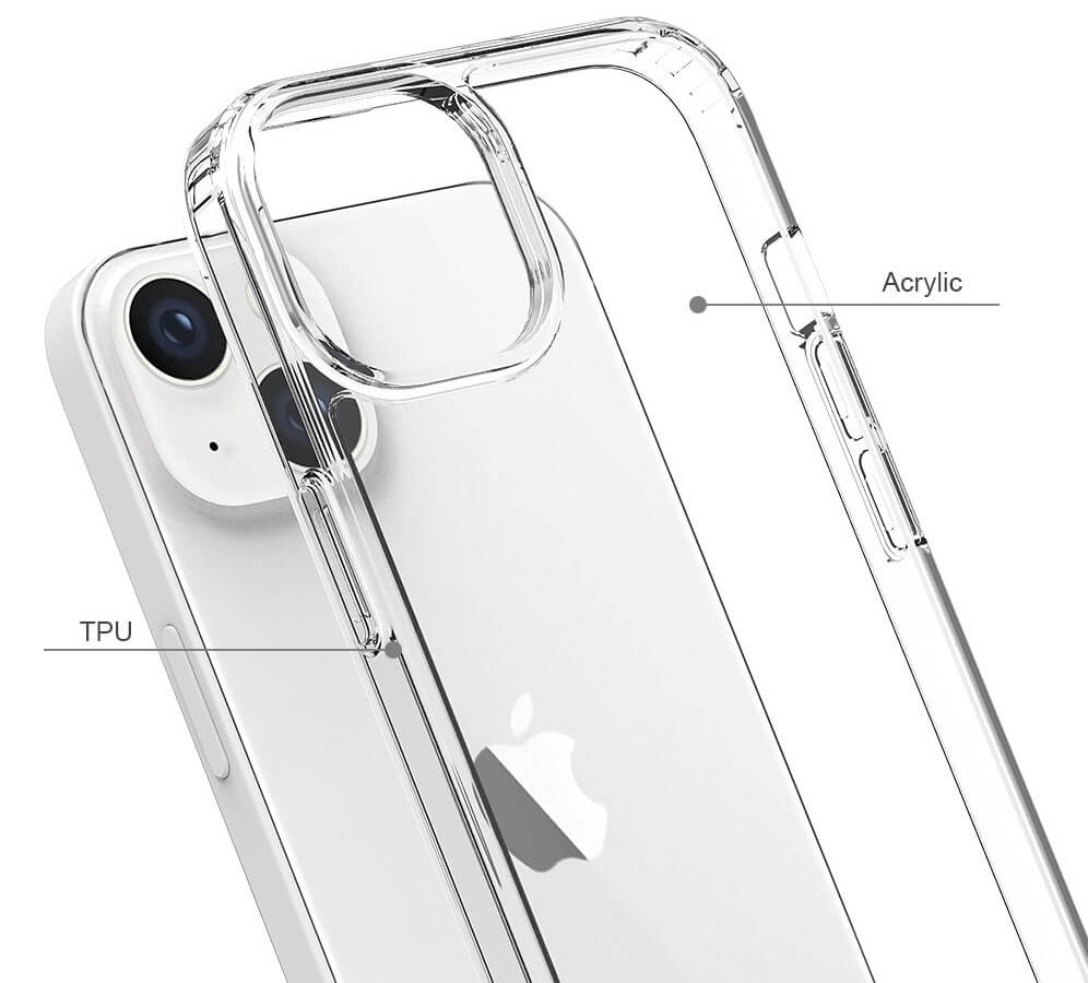 Das JT Berlin iPhone 14 Pankow Clear Case besteht aus strapazierfähigem Acryl und TPU, das ein weißes iPhone teilweise bedeckt - eine ideale schützende, stylische Hülle von JT Berlin mit sichtbarem Apple-Logo.
