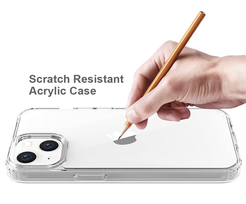 Eine Hand kratzt mit einem Bleistift über ein JT Berlin Pankow Clear Case für iPhone 14; der Text lautet "Scratch Resistant".