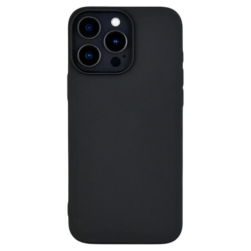 Das JT Berlin iPhone 16 Pro – JT Pankow Soft Case aus schwarzem Liquid Silikon zeigt ein iPhone 16 Pro mit drei rückseitigen Kameras, von der Rückseite aus betrachtet. Unterstützt kabelloses Aufladen.