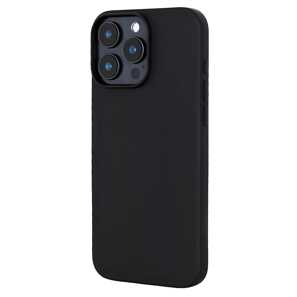 Das iPhone 16 Pro – JT Pankow Soft Case von JT Berlin wird in Schwarz gezeigt und schützt ein iPhone 16 Pro mit dreifacher Rückkamera, Ansicht von hinten. Kompatibel mit kabellosem Aufladen.