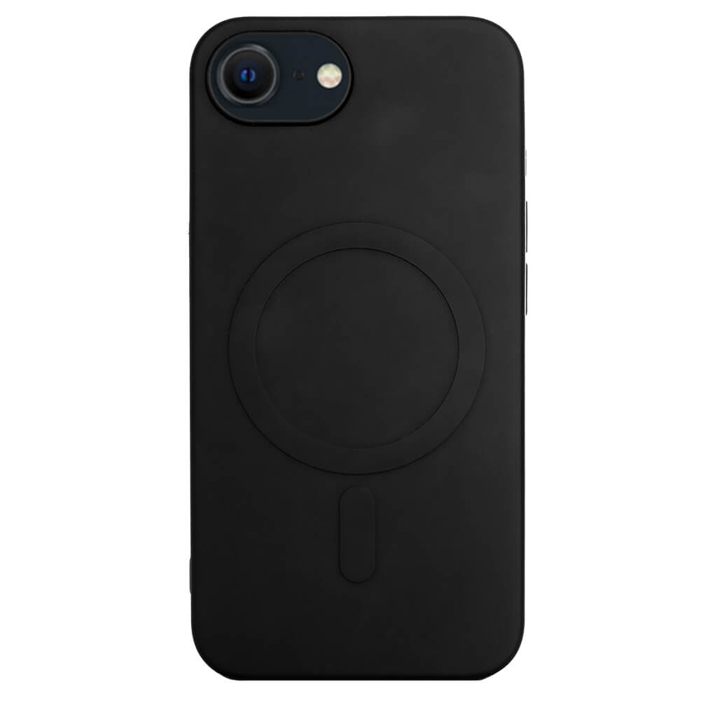 Das JT Berlin iPhone 16e – JT Pankow Soft MagSafe verfügt über ein schwarzes MagSafe-kompatibles TPU-Case; Kamera und Blitz sind in der oberen linken Ecke sichtbar.